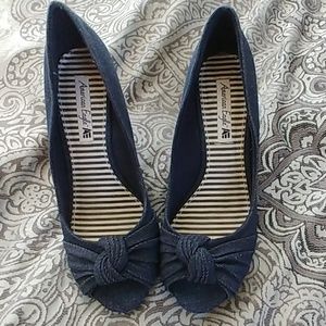 Jean and cork peeptoes